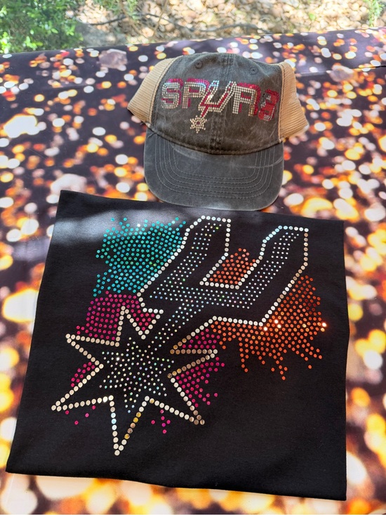 StitchNBling Tops - NEW San Antonio Spurs PomPom V-Neck Tee | Bling Basketball Shirt with Bling Cap